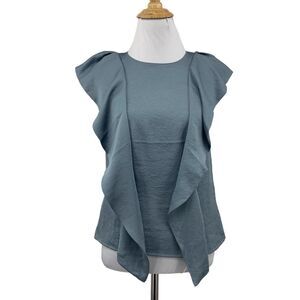 Express Top Women XS Extra Small Slate Satin Keyhole Back Flutter Sleeve Ruffle